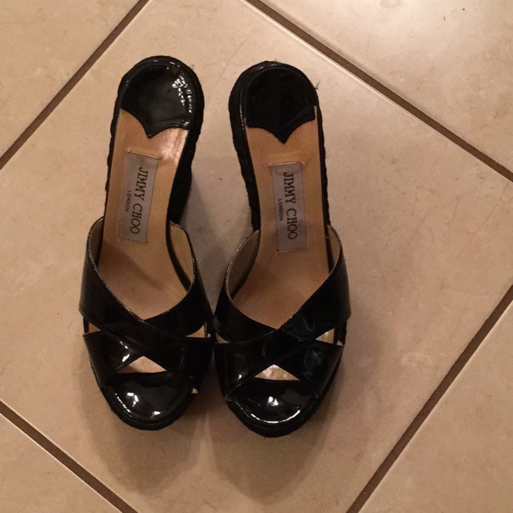 Jimmy Choo criss cross wedge espadrille sandal.